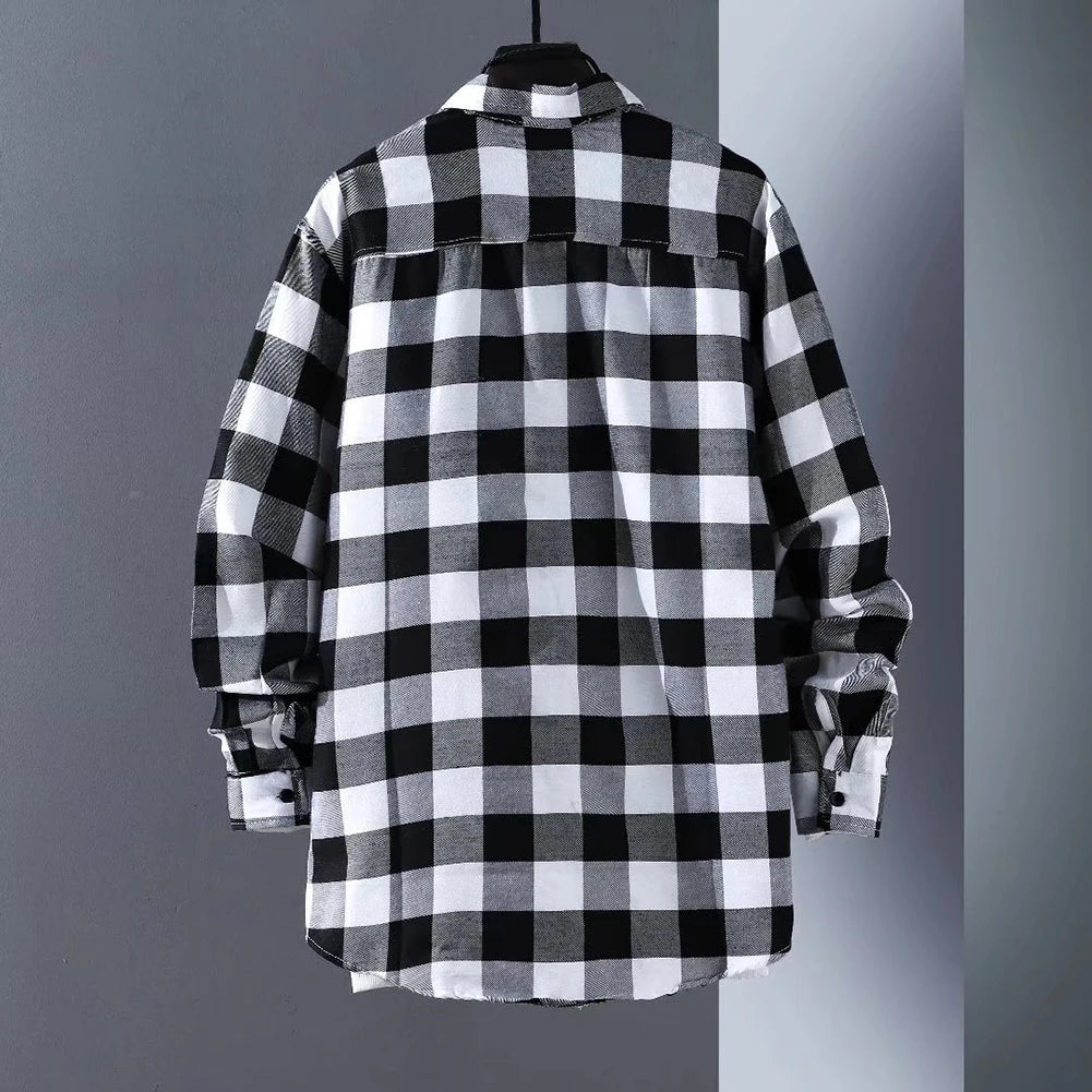 Stylish Mens Button Down Plaid Shirts  Baggy Coat Lapel Tops  Long - Jeetskee