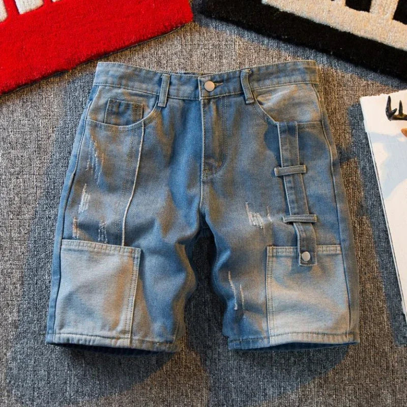 Men's Short Jeans Pants Cargo Baggy Patchwork Wide Male Denim Shorts - Jeetskee