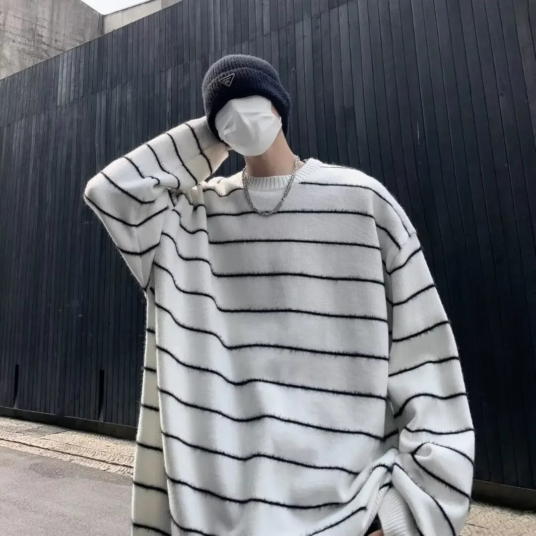 Japanese Fashion Retro Knitted Striped Sweater T-shirt for Men Autumn - Jeetskee