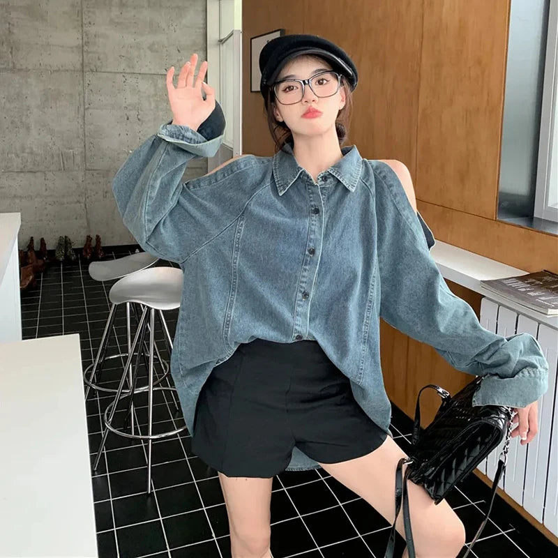 Retro Off Shoulder Denim Shirts Woman 2024 Fashion Single Breasted - Jeetskee