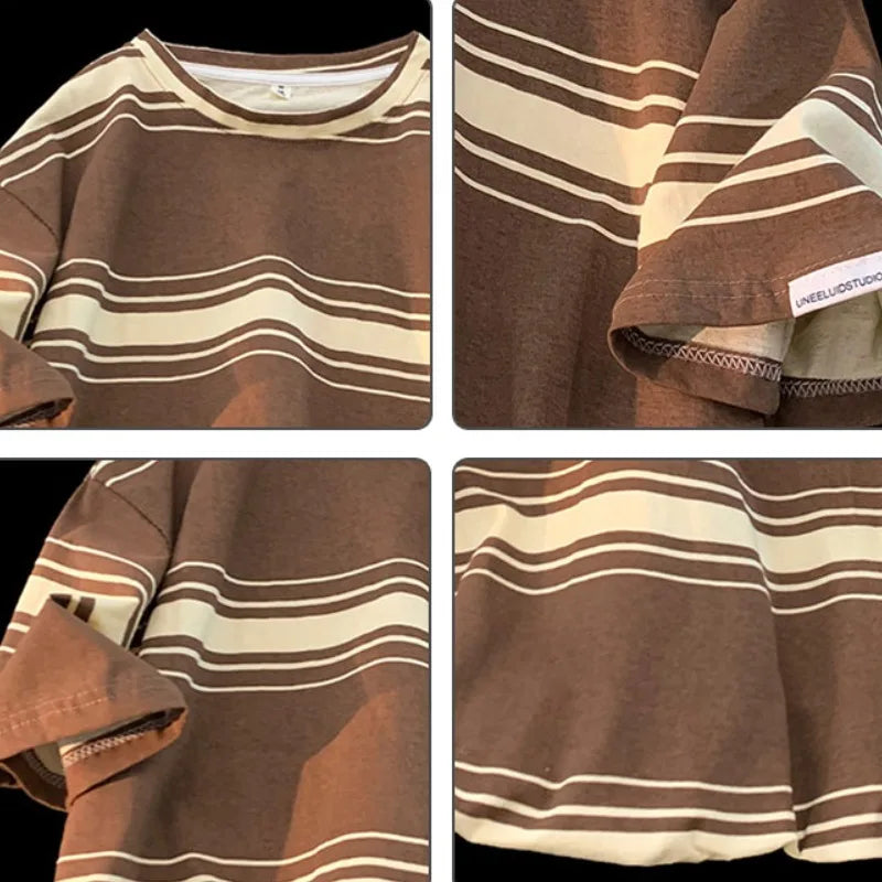 M-3XL Vintage T-shirts Men Striped Y2k Tops Baggy Round Neck Korean - Jeetskee