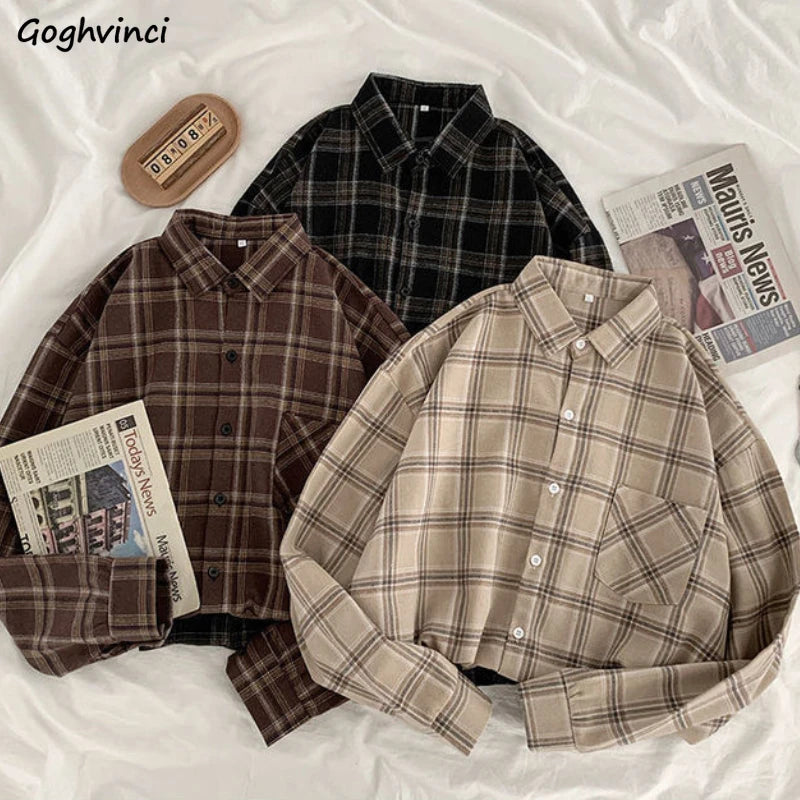 3XL Women Shirts Baggy Plaid Long Sleeve Chic Fashion Simple Casual - Jeetskee