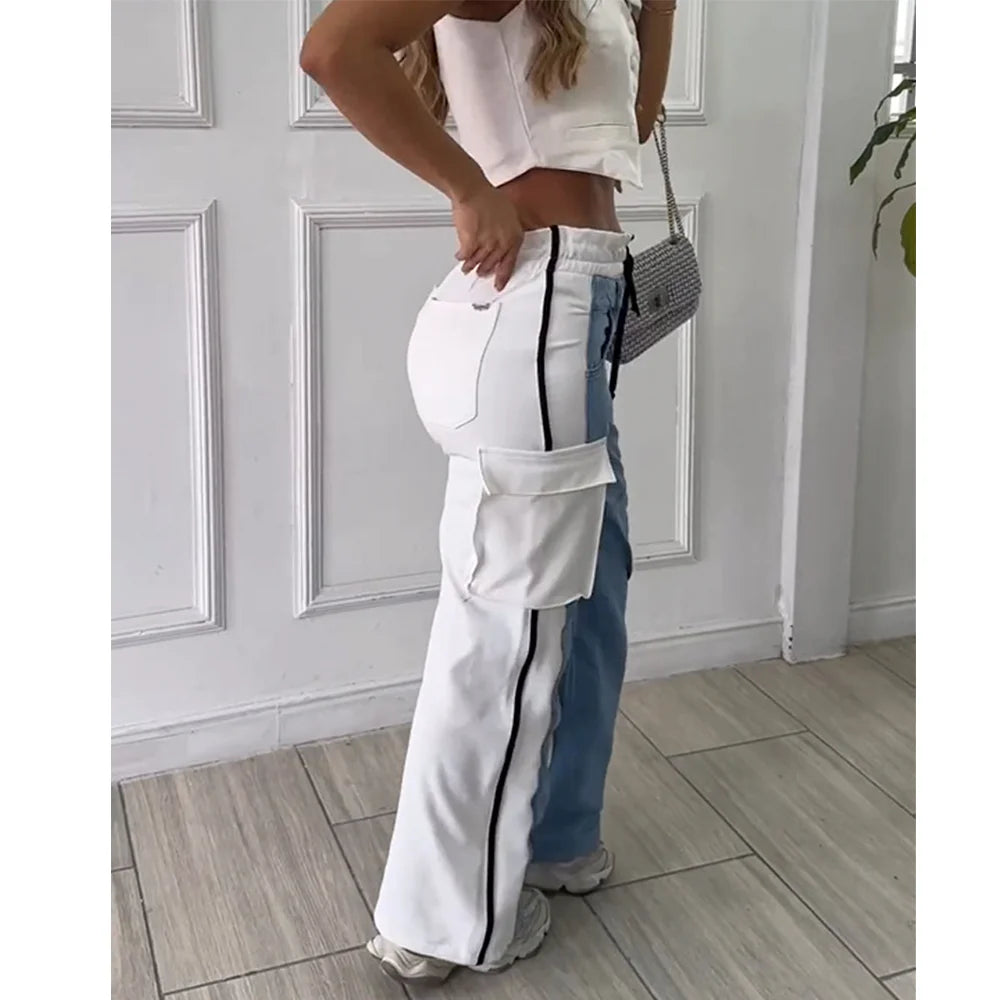 Women High Waisted Baggy Casual Jeans Patchwork Cargo Jeans with - Jeetskee