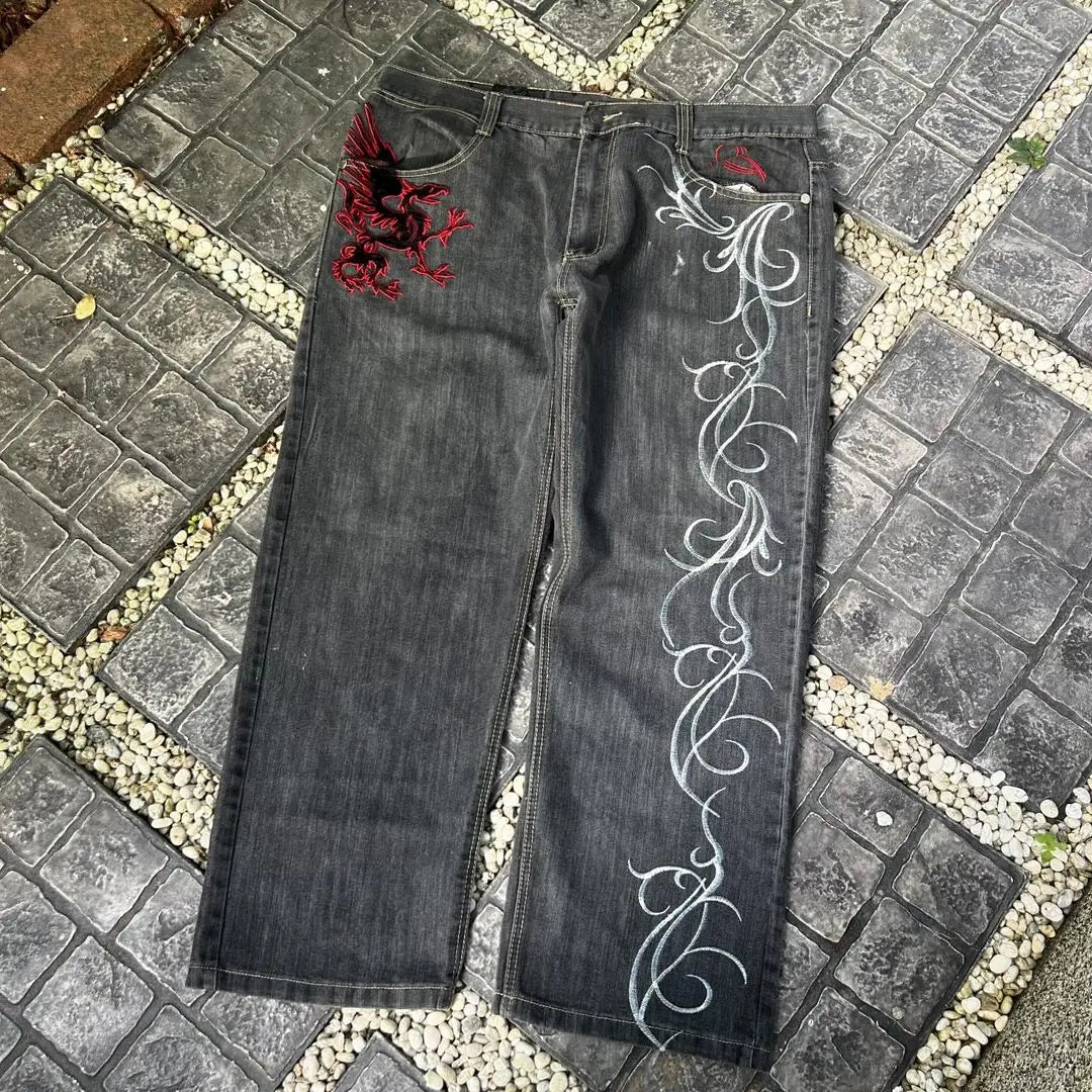 Y2K New Street Harajuku Pattern Jeans Black Baggy Jeans Hip Hop Retro - Jeetskee