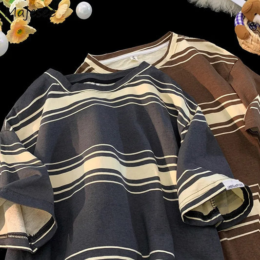 M-3XL Vintage T-shirts Men Striped Y2k Tops Baggy Round Neck Korean - Jeetskee