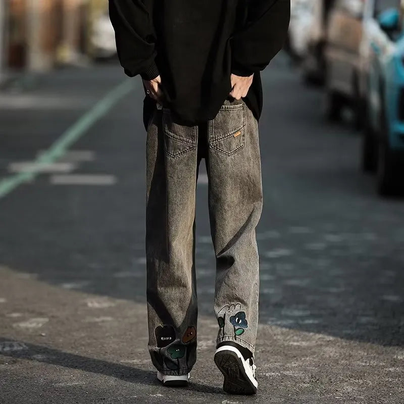 New Men's Y2K Flower Embroidered Baggy Jeans 2023 Streetwear American - Jeetskee