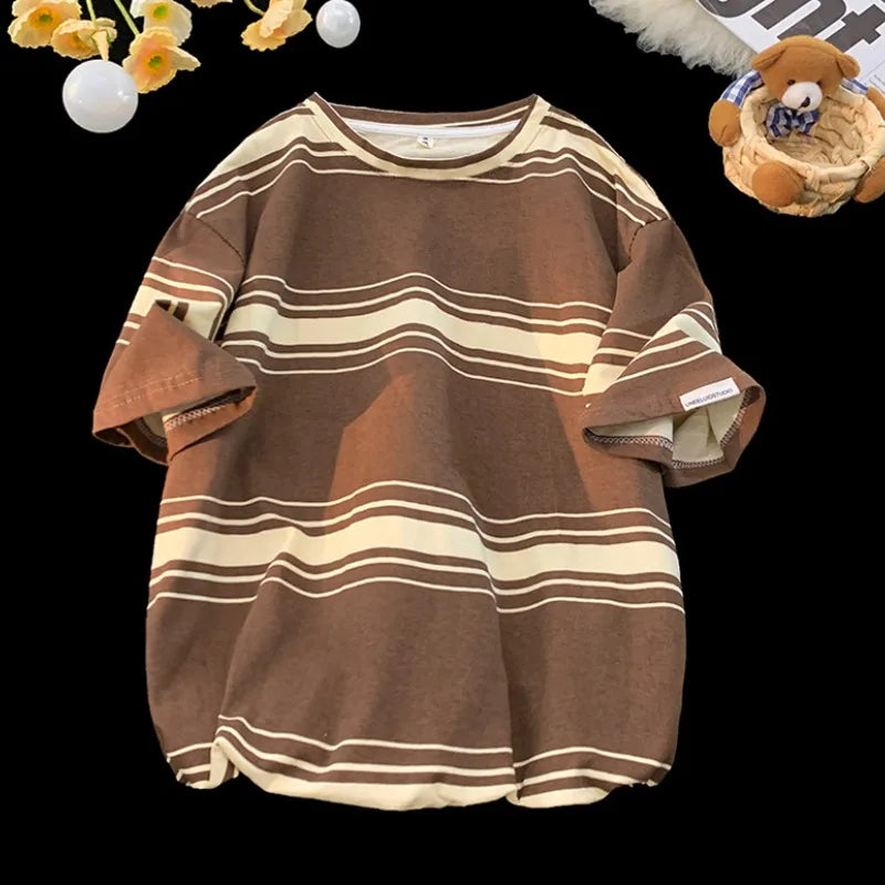 M-3XL Vintage T-shirts Men Striped Y2k Tops Baggy Round Neck Korean - Jeetskee
