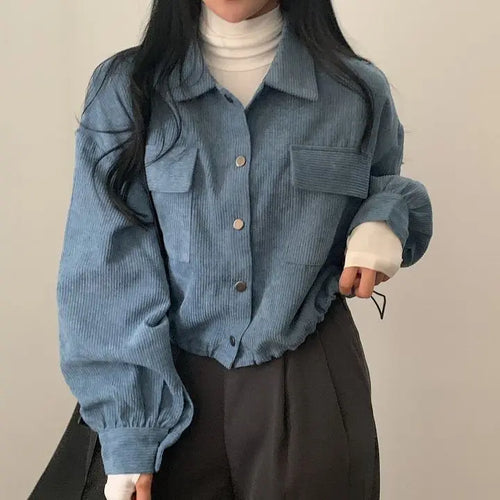 Long Sleeve Shirts Women Corduroy Korean Baggy All-match Tops Outwear - Jeetskee