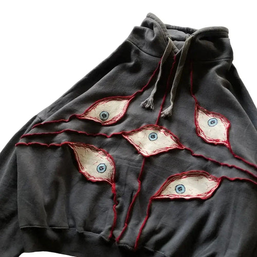 Gothic Punk Eye Pattern Patchwork Hoodies Women Y2k Top New Retro - Jeetskee