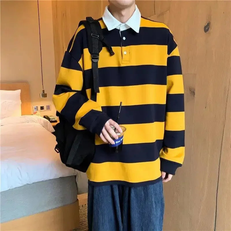 Tops Stripe Male Clothes Baggy T Polo Shirts for Men Sweatshirts - Jeetskee