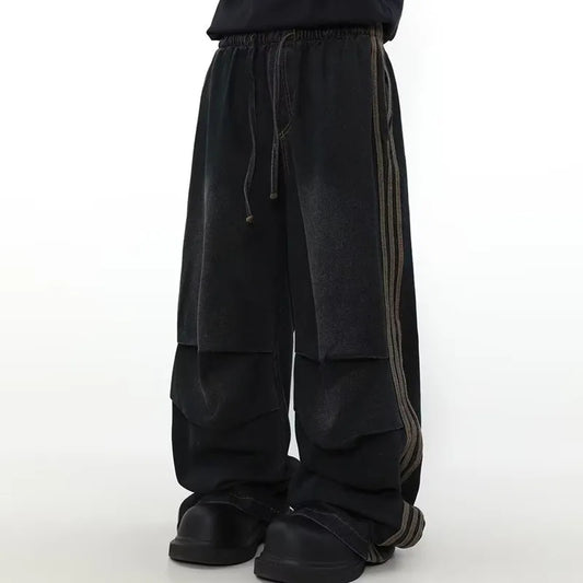 2024 Ropa Y2K Fashion Elastic Waist Striped Pleated Baggy Jeans Pants - Jeetskee
