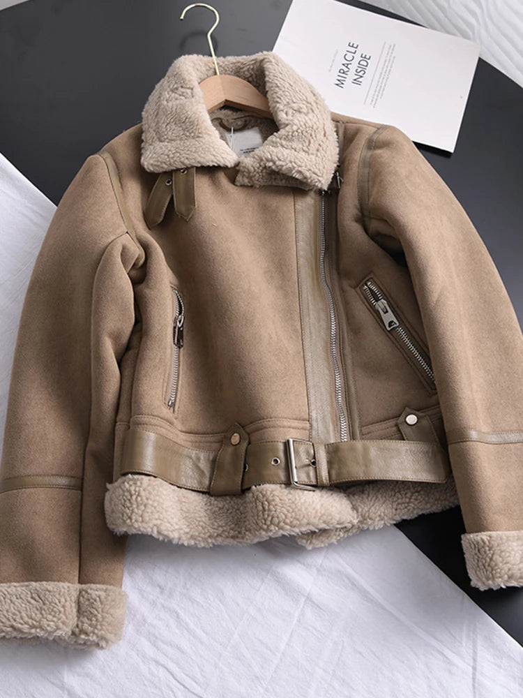 Ailegogo Winter Women Thick Warm Suede Lamb Jacket Short Motorcycle - Jeetskee