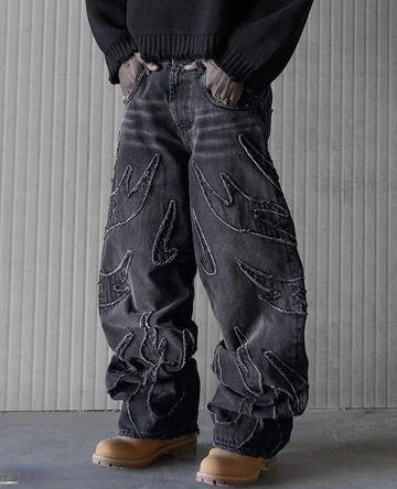 Baggy Jeans for Men Y2k Hip Hop Distressed Retro Black Pants - Jeetskee