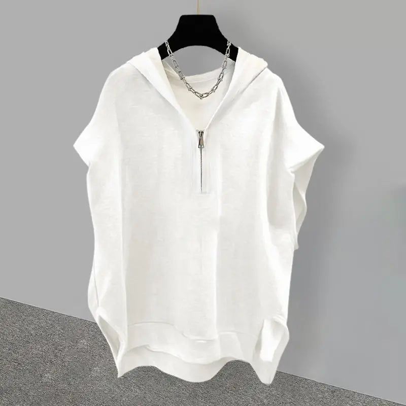 Simple Street Extra Large Solid Color Zipper Hooded Sleeveless Sweater - Jeetskee