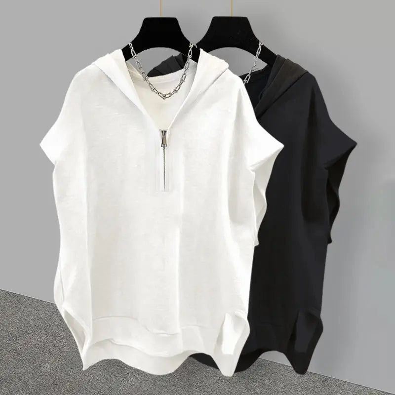 Simple Street Extra Large Solid Color Zipper Hooded Sleeveless Sweater - Jeetskee