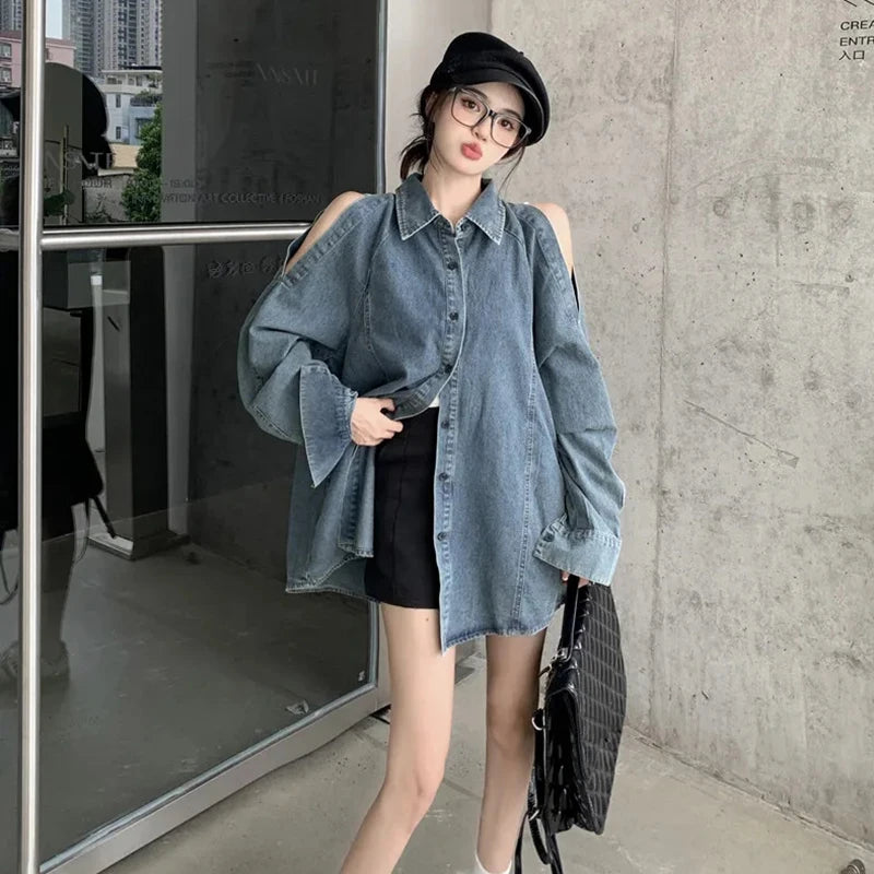 Retro Off Shoulder Denim Shirts Woman 2024 Fashion Single Breasted - Jeetskee