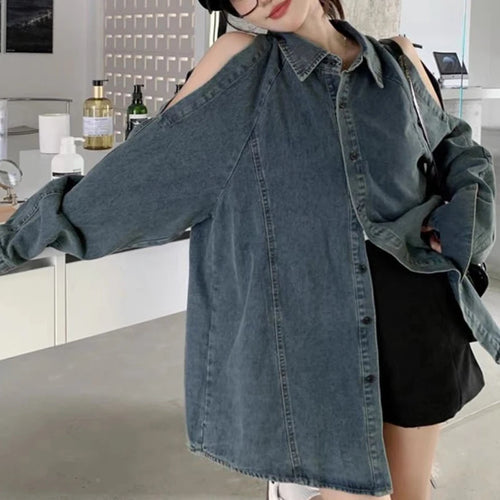 Retro Off Shoulder Denim Shirts Woman 2024 Fashion Single Breasted - Jeetskee