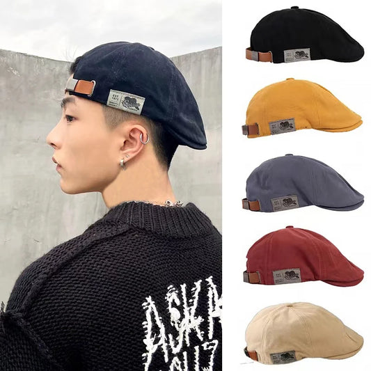 2024 New Men's Vintage Linen Fashion Hip Hop Solid Beret Side Label - Jeetskee