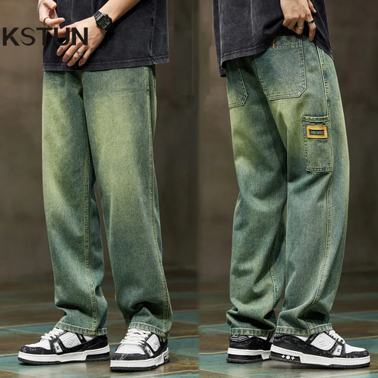 Jeans Men Baggy Pants Wide Leg Summer Straight Loose Fit Retro Blue - Jeetskee