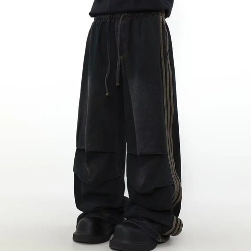 2024 Ropa Y2K Fashion Elastic Waist Striped Pleated Baggy Jeans Pants - Jeetskee