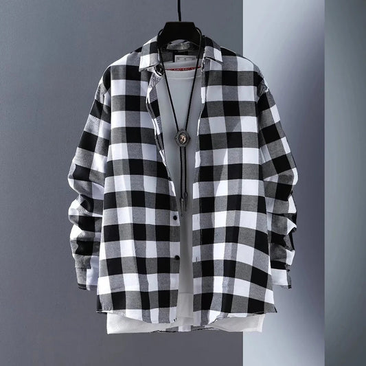 Stylish Mens Button Down Plaid Shirts  Baggy Coat Lapel Tops  Long - Jeetskee