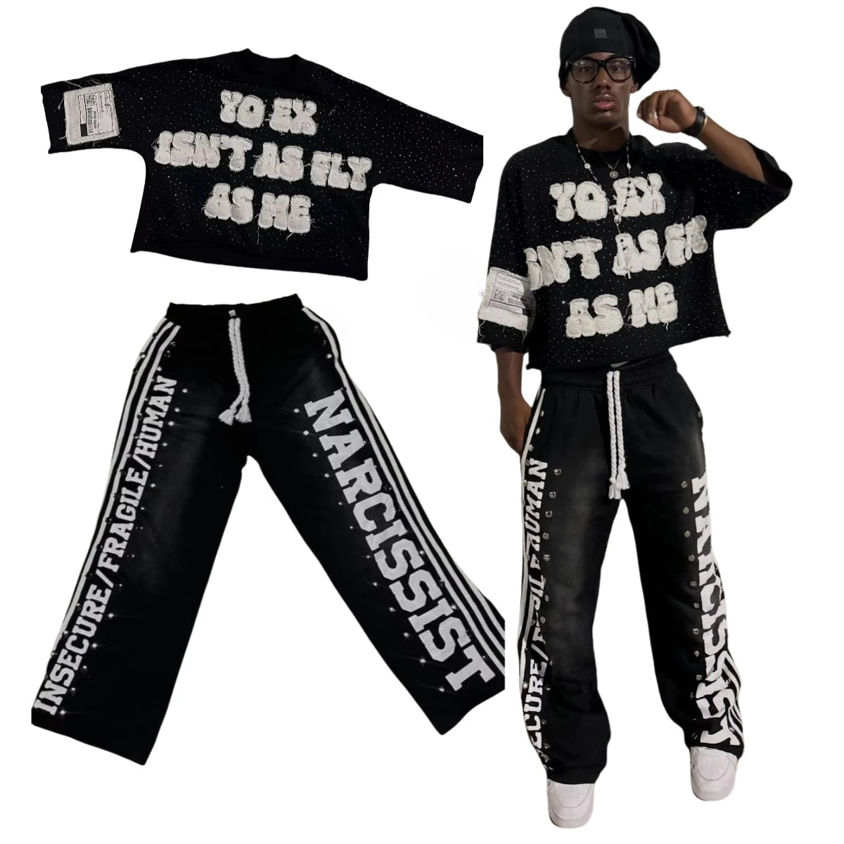 New Gothic Letter Patchwork Tracksuit Men Y2k Hip Hop Retro Sequin - Jeetskee