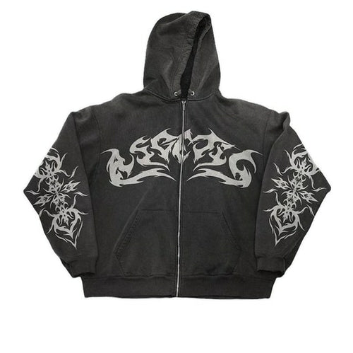 Street Retro Clothing Flame Print Oversized Sweatshirt Women Y2k - Jeetskee