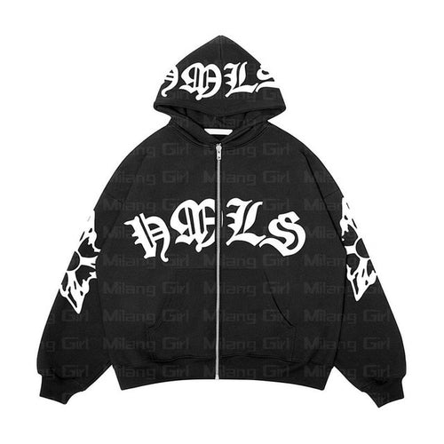 Zip Hoodie Snowflake Letter Print goth Punk Sweatshirt Women hoodies - Jeetskee