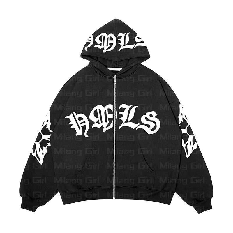 Zip Hoodie Snowflake Letter Print goth Punk Sweatshirt Women hoodies - Jeetskee